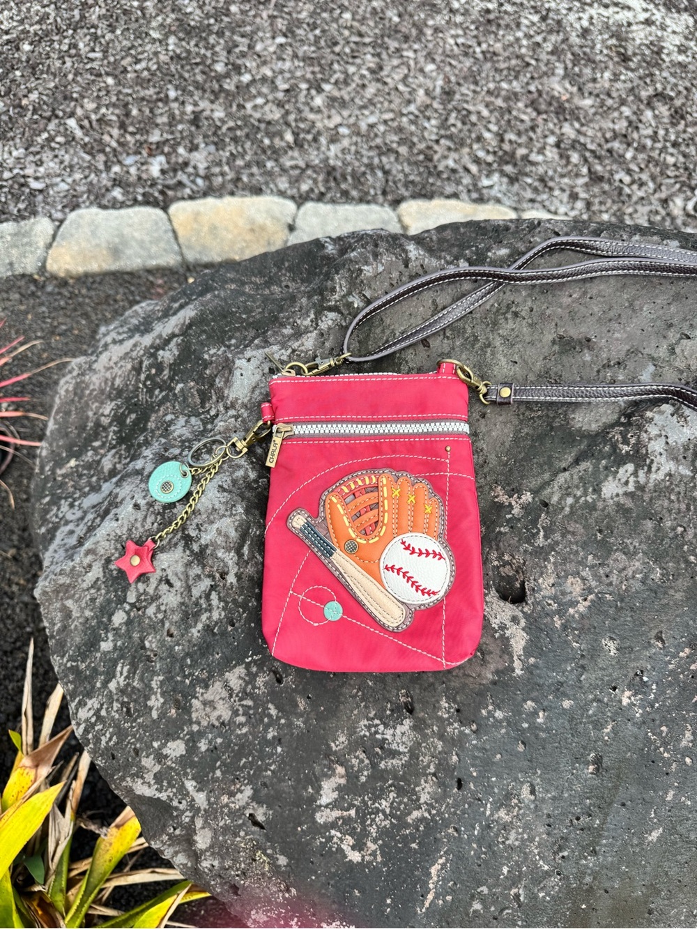 Chala Baseball Crossbody Bag Red Leather Appliqué Convertible Wristlet
